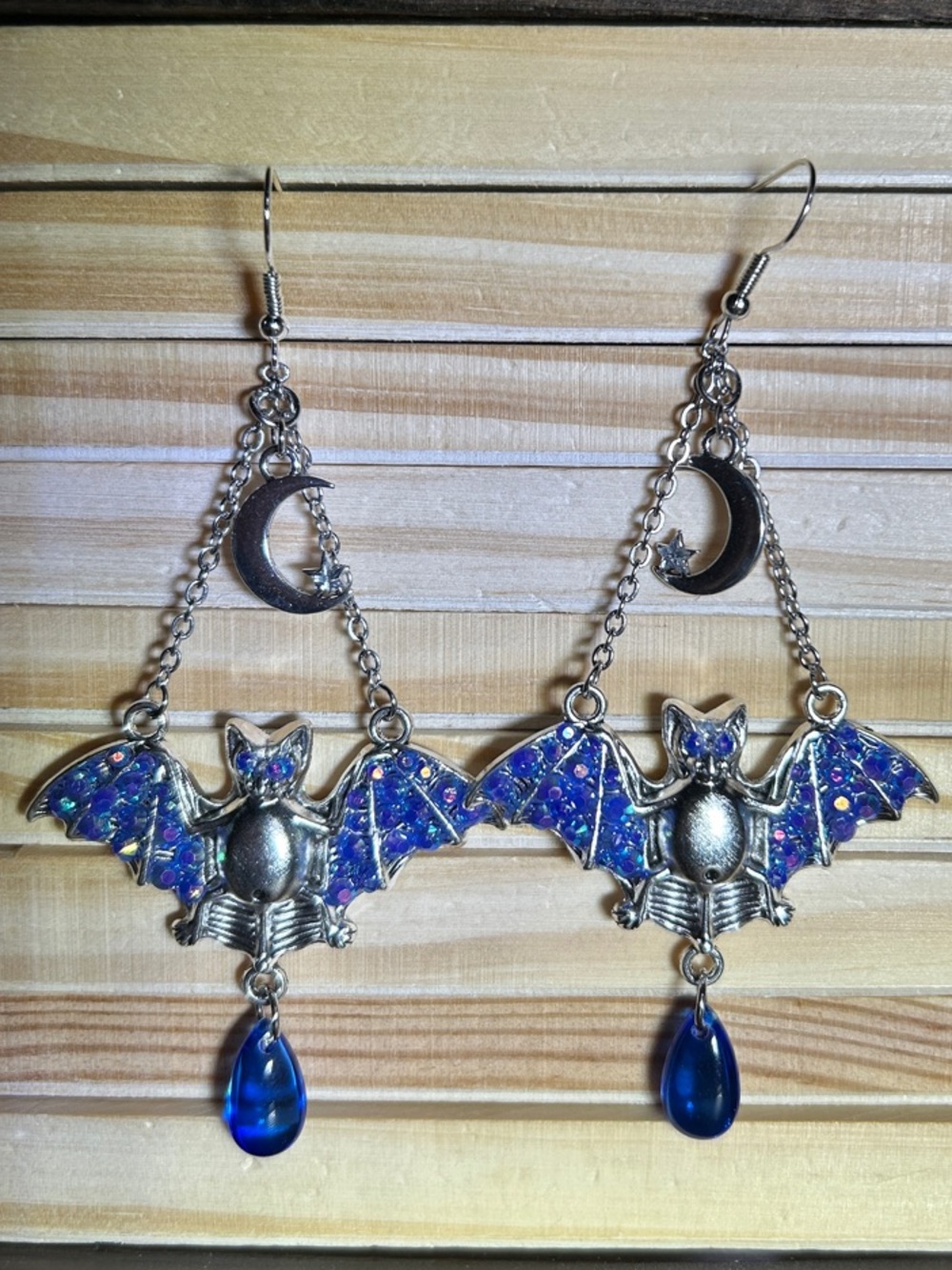 3/$25 Silver Bat Drop Earrings with Blue Opal Wings